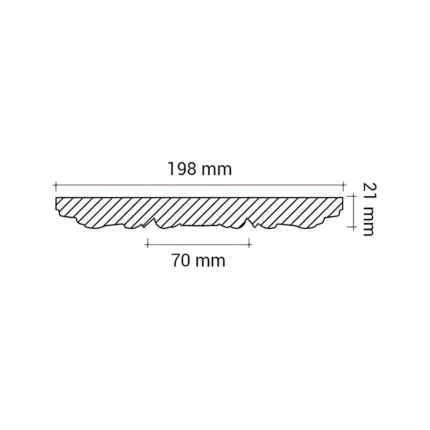 Technische Zeichnung einer weißen PROFHOME Deckenrosette aus Polyurethan, 19,8 cm Durchmesser.
