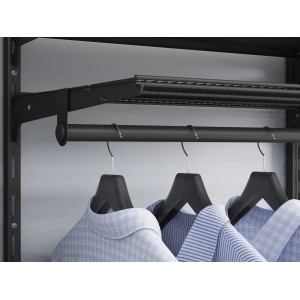 Schwarze Metall-Wandschiene, 50 cm, 1-reihig, zur Regalgestaltung mit Kleiderstange und Hemden.