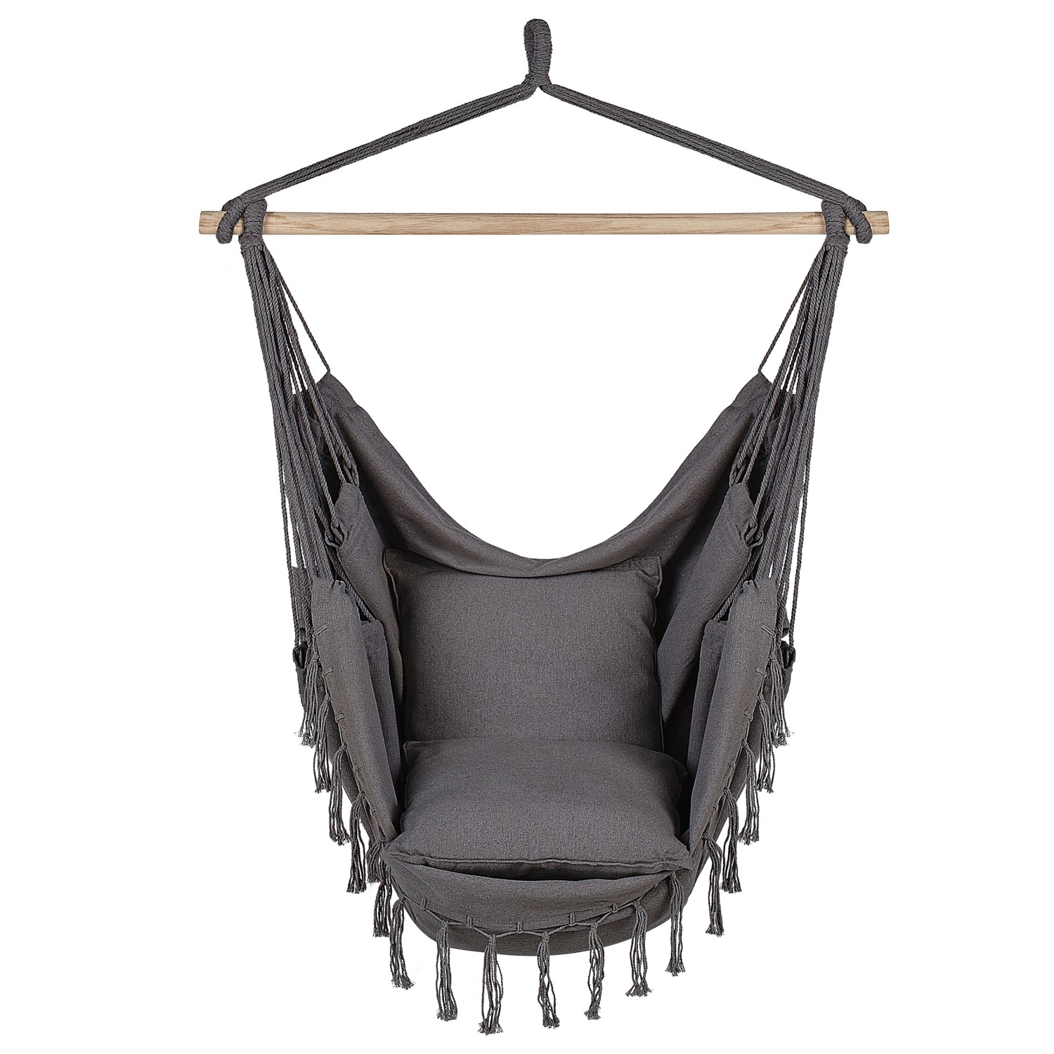 Grauer Beliani Hängesessel mit Kissen und Quasten, geeignet für Innen- und Außenbereich.