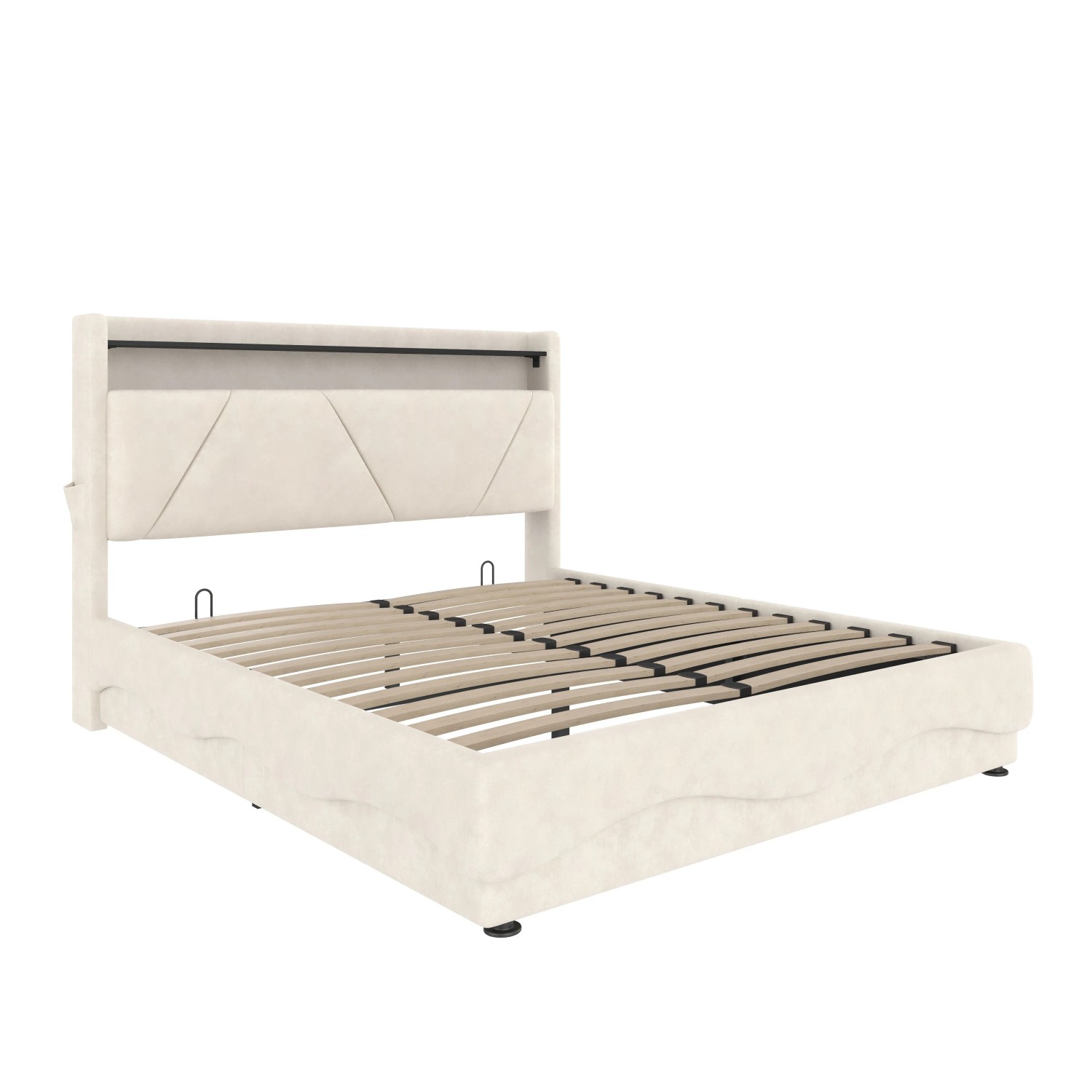 okwish Polsterbett 160x200cm mit LED USB C Seitentaschen Schlafzimmer Beige ohne Matratze