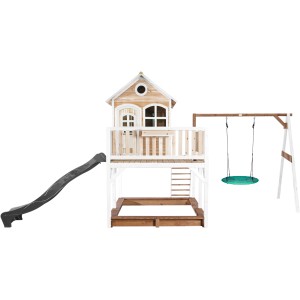 Axi Liam Spielhaus mit Nestschaukel, Rutsche, Sandkasten, aus Holz in Braun, Weiß und Grau.