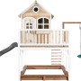 Axi Liam Spielhaus mit Nestschaukel, Rutsche, Sandkasten, aus Holz in Braun, Weiß und Grau.
