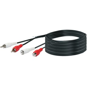 Schwarzes Schwaiger Cinch-Audio-Verlängerungskabel, 10 m, mit roten und weißen Steckern.