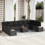 Schwarzes 11-tlg. vidaXL Garten-Sofa-Set aus Poly Rattan mit Kissen und Tisch.