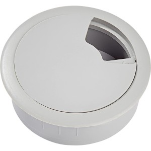 Graue Kabeldurchlassdose (Ø 60mm) für Schreibtisch, mit abnehmbarem Deckel zur Kabelführung.