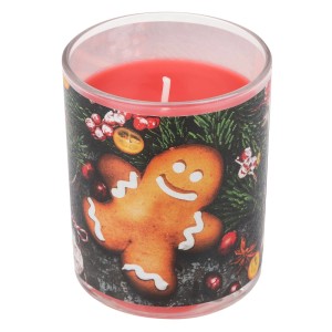 Rotes Duftglas mit Kerze und festlichem Motiv: Lebkuchenmann, Tannenzweige und Beeren. Ideal für Weihnachtsdekoration.