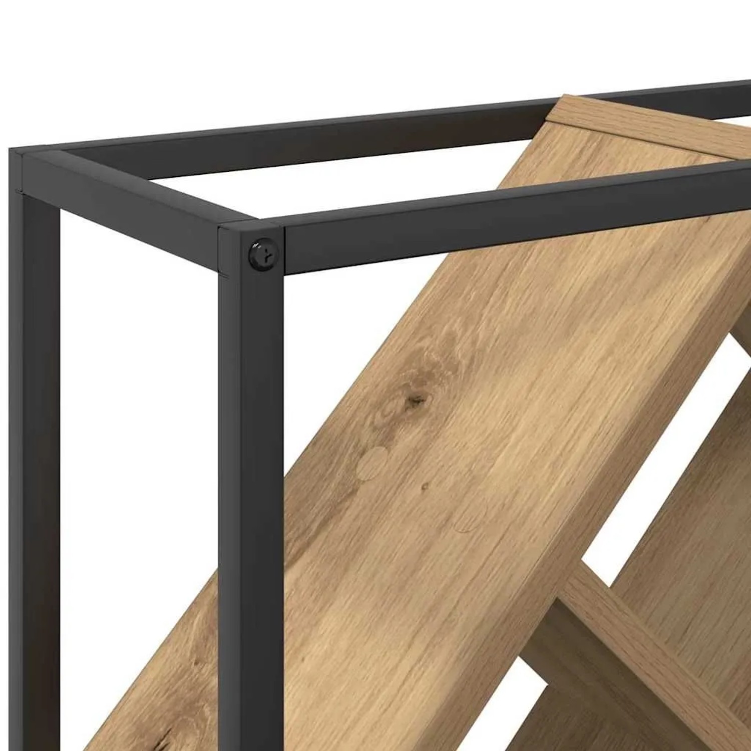 Nahaufnahme des vidaXL Weinregals: Artisan-Eiche Holzwerkstoff mit schwarzem Metallrahmen und Schraubverbindung.