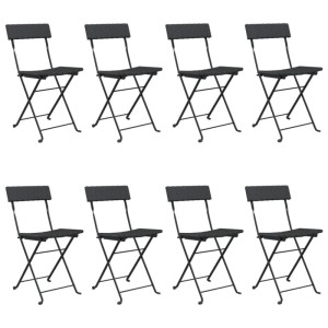 Set aus 8 schwarzen, klappbaren Bistrostühlen aus Polyrattan und Stahl für Garten oder Terrasse.