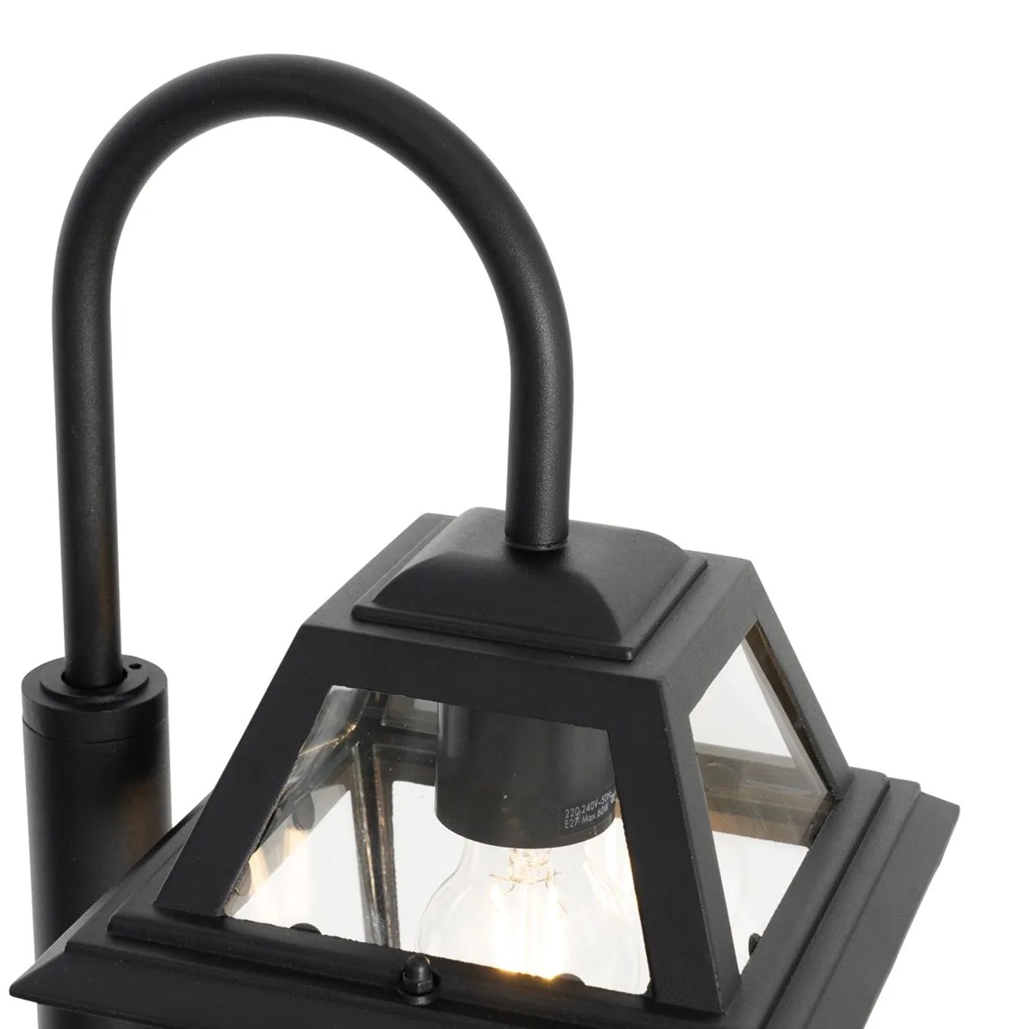 Detailaufnahme: Schwarze QAZQA Außenlaterne Berta, klassisches Design mit klarem Glas.