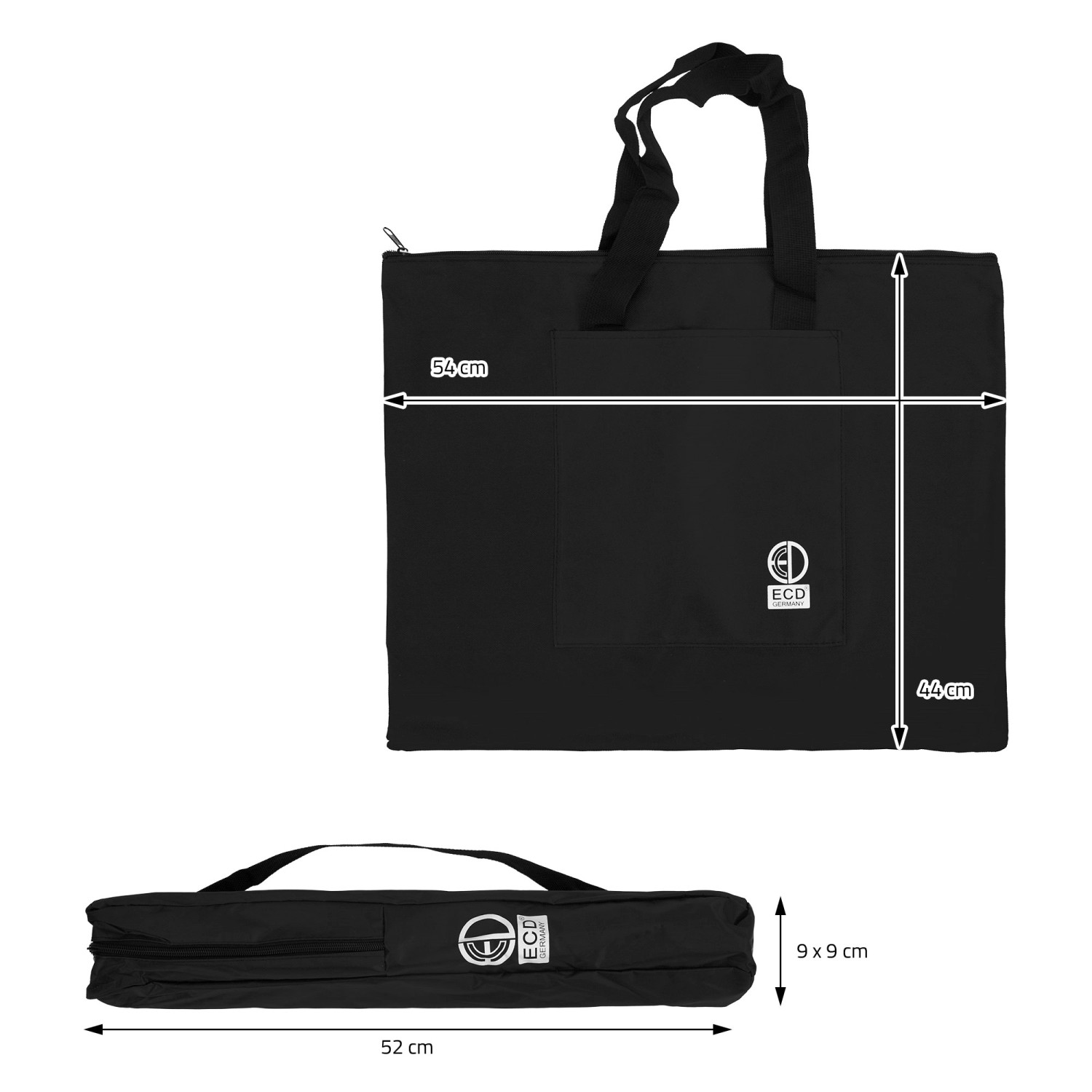 Schwarze Tragetasche mit Staffelei und Malset ECD Germany, Abmessungen sichtbar.