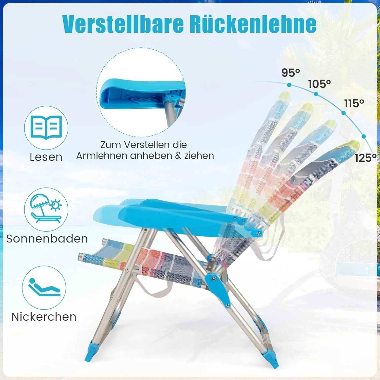 Costway 2er Set Strandstühle, klappbar, mit verstellbarer Rückenlehne in verschiedenen Positionen.