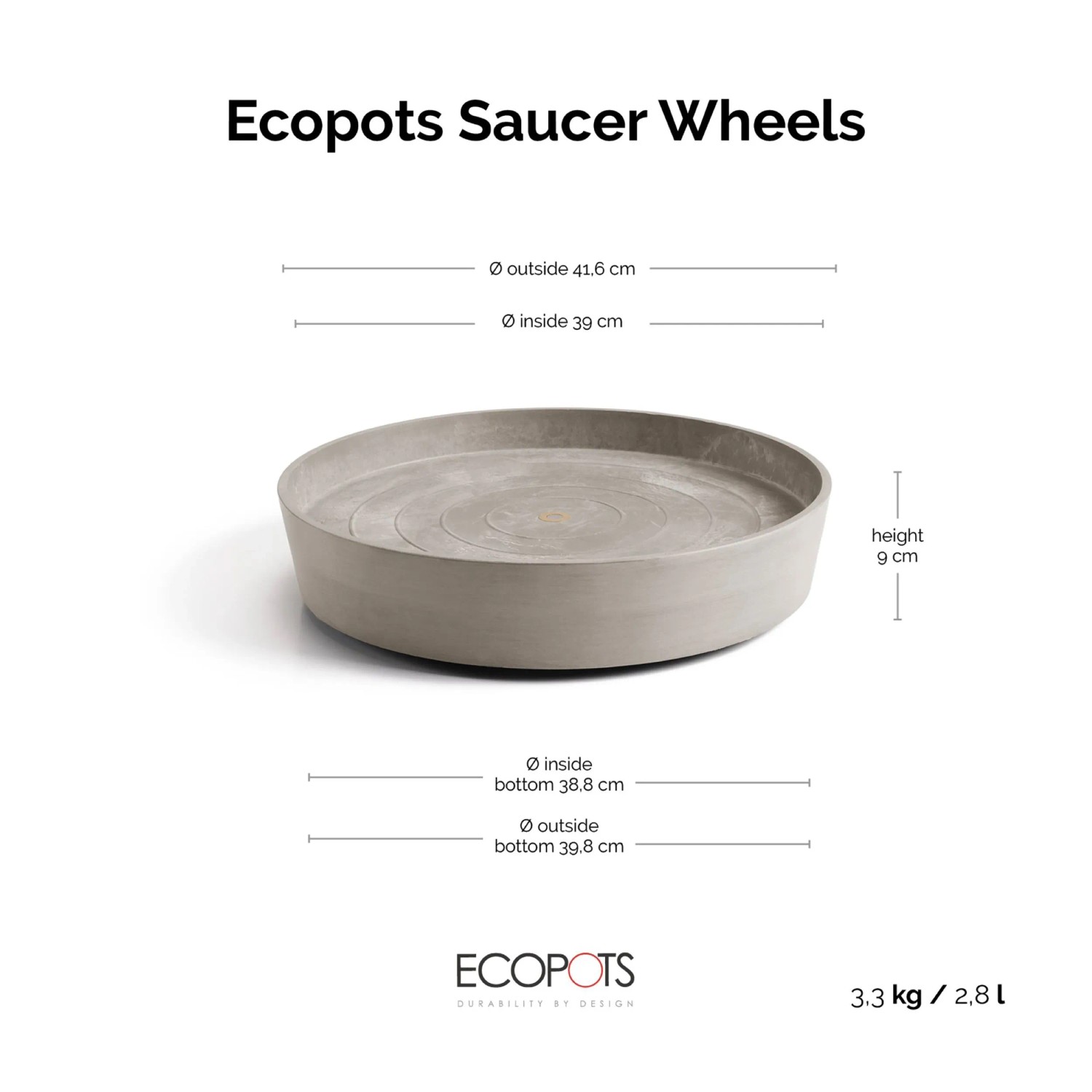 Ecopots Untersetzer Amsterdam Rollen, taupe, 41,6 cm. Praktischer Blumentopf-Untersetzer mit Rollen.
