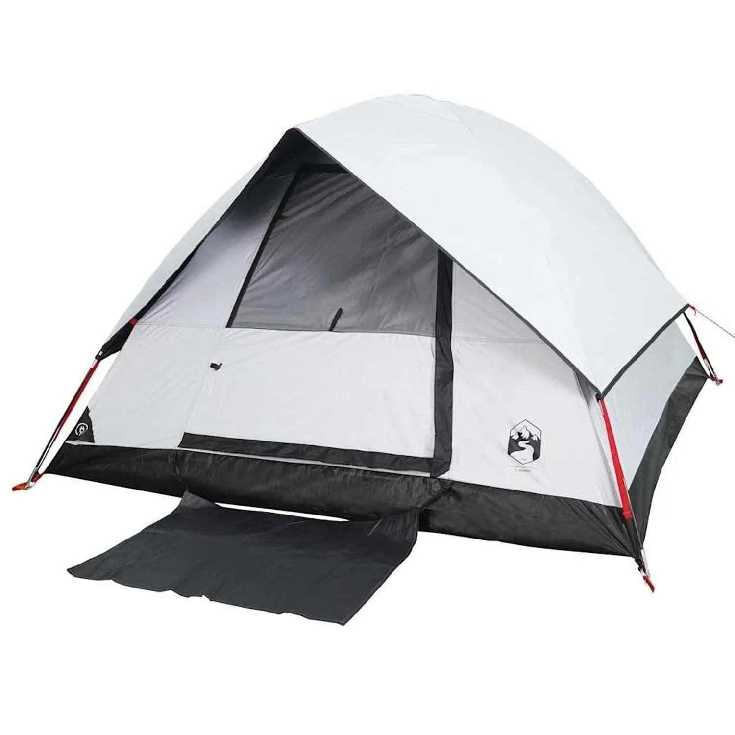 Weißes Furnicato Campingzelt, Kuppelzelt, mit schwarzem Boden und roten Stangen. Offener Eingang mit Netz, davor eine Bodenmatte.