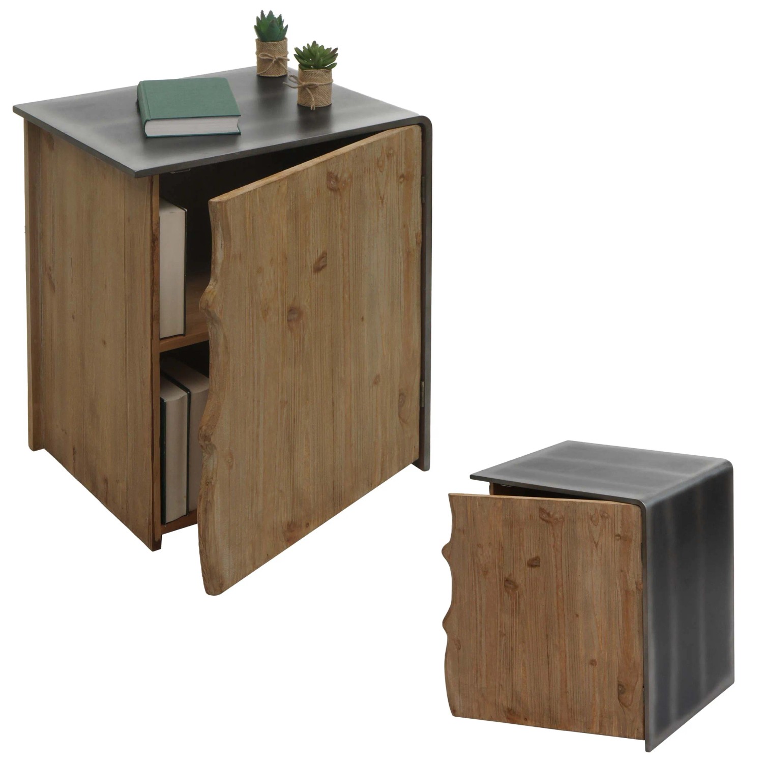 MCW Beistelltisch L76 aus Tannenholz und Metall-Optik mit Schrankfach und Holzkante.