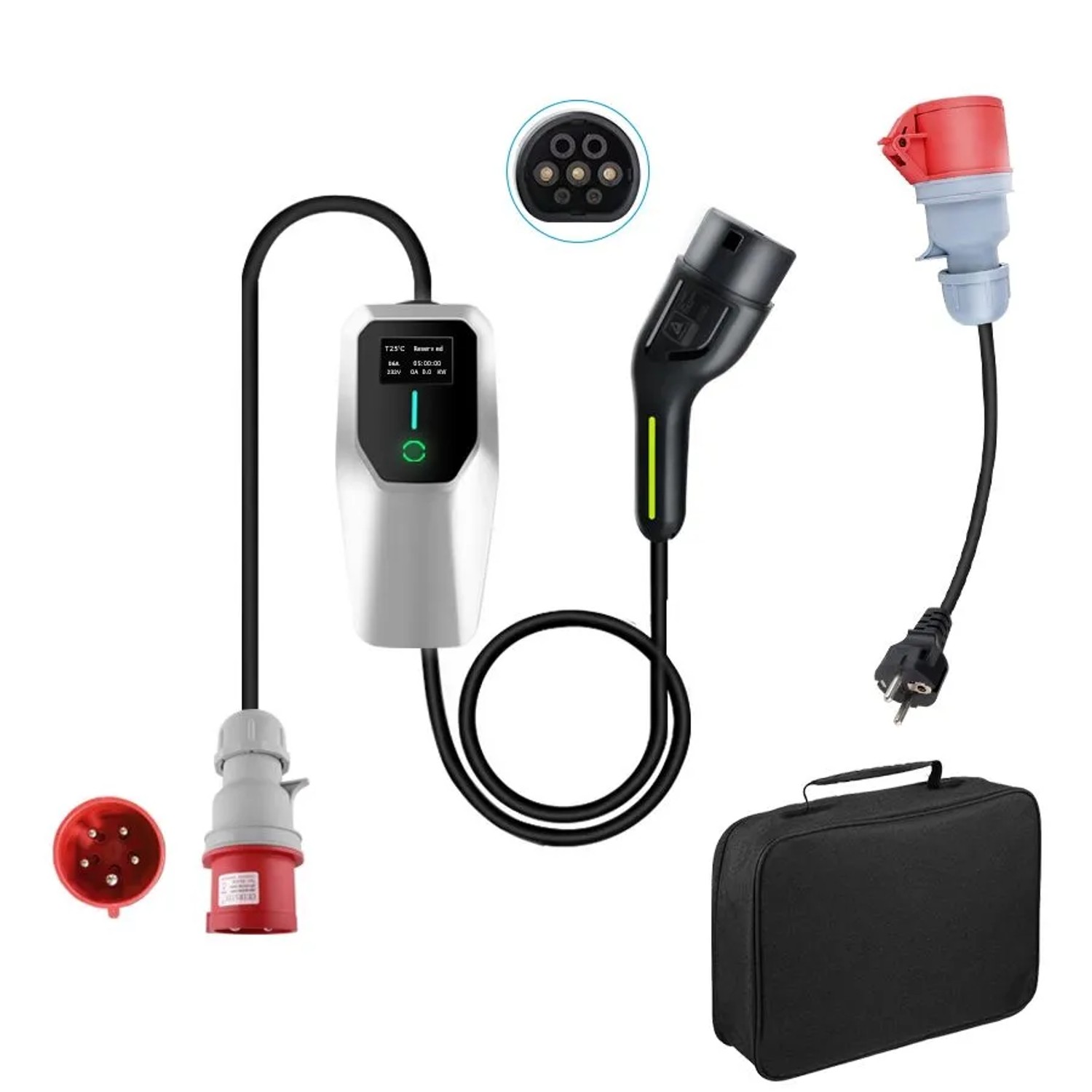 Junsun 11kW Typ 2 EV-Ladegerät 3-phasig - 6m Kabel LCD-Display Einstellbar 6-16A Inkl. Tasche Und Adapter