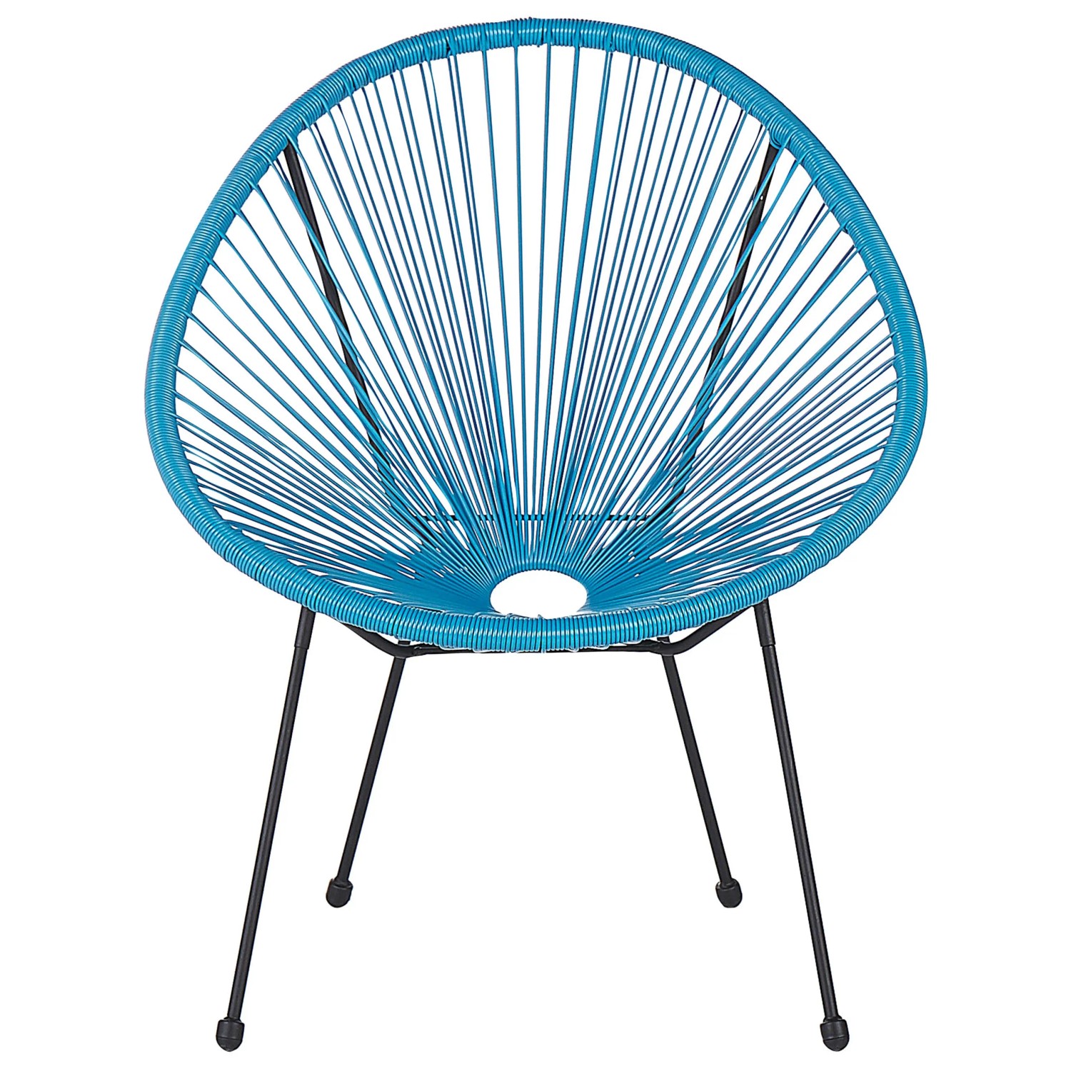Blauer Cocktailsessel mit schwarzem Stahlgestell, ideal für Garten und Balkon.