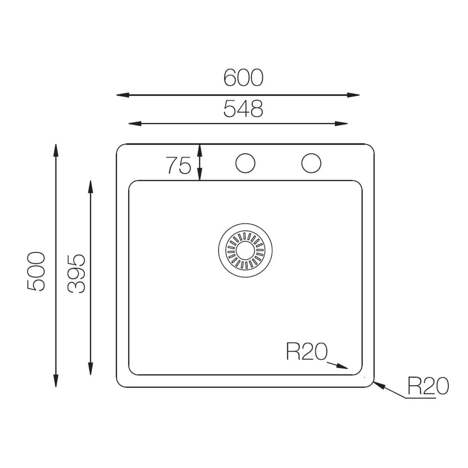 Skizze der Respekta Einbauspüle Chicago, 60x50 cm, Edelstahl, mit Maßangaben.