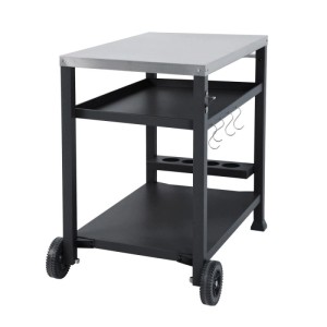 Schwarzer Taino Nikan Grillwagen mit Edelstahl-Arbeitsplatte, drei Ablagen, Rollen, Haken und Flaschenhalter. Für Outdoor.