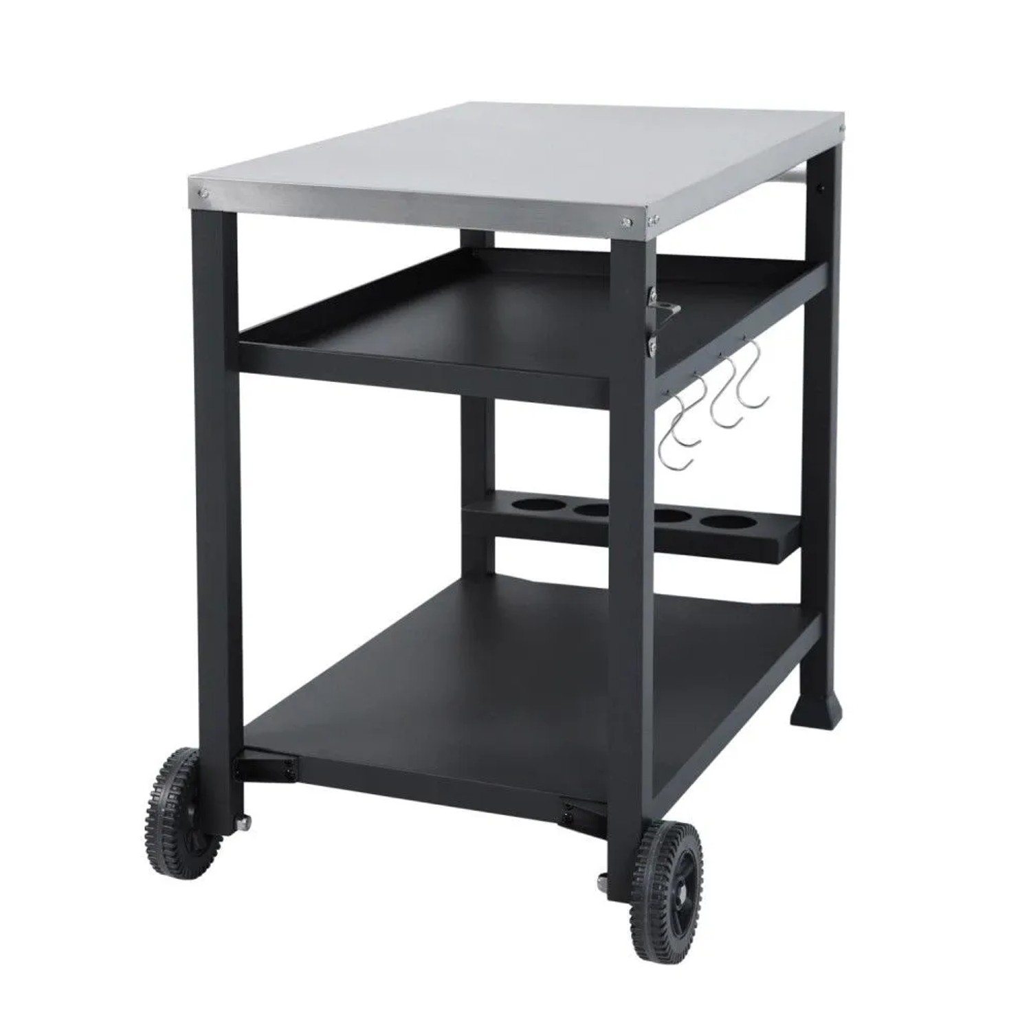 Schwarzer Taino Nikan Grillwagen mit Edelstahl-Arbeitsplatte, drei Ablagen, Rollen, Haken und Flaschenhalter. Für Outdoor.