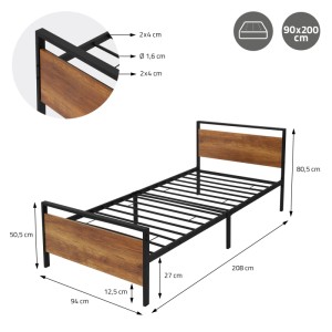 ML-Design Metallbett 90x200cm mit Lattenrost, Holz-Kopf- und Fußteil, schwarz-braun, mit Maßangaben.