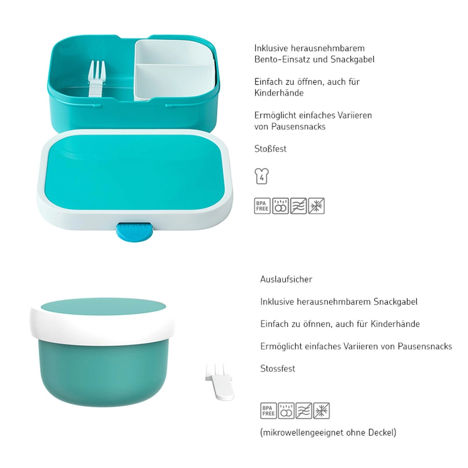 Blaues Mepal Campus Pausen-Set: Bentobox und Obstbox mit Gabel, ideal für Schule und Kindergarten.