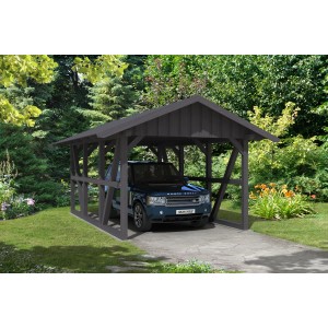 Grauer Skan Holz Carport Schwarzwald mit Dachschalung und Auto im Garten.