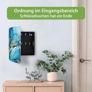 Banjado Schlüsselkasten Edelstahl, Motiv Blauer Marmor mit Gold, für 10 Schlüssel. Wandmontage im Flur.