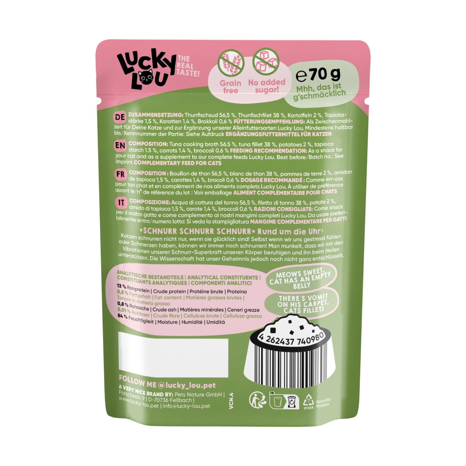 Lucky Lou Katzen-Nassfutter Thunfisch Gemüse in Broth, 70g Packung.