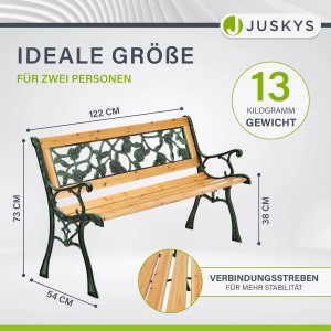 Juskys 2-Sitzer Gartenbank Venezia aus Holz und Gusseisen mit Rosenmuster in Grünspan-Optik.