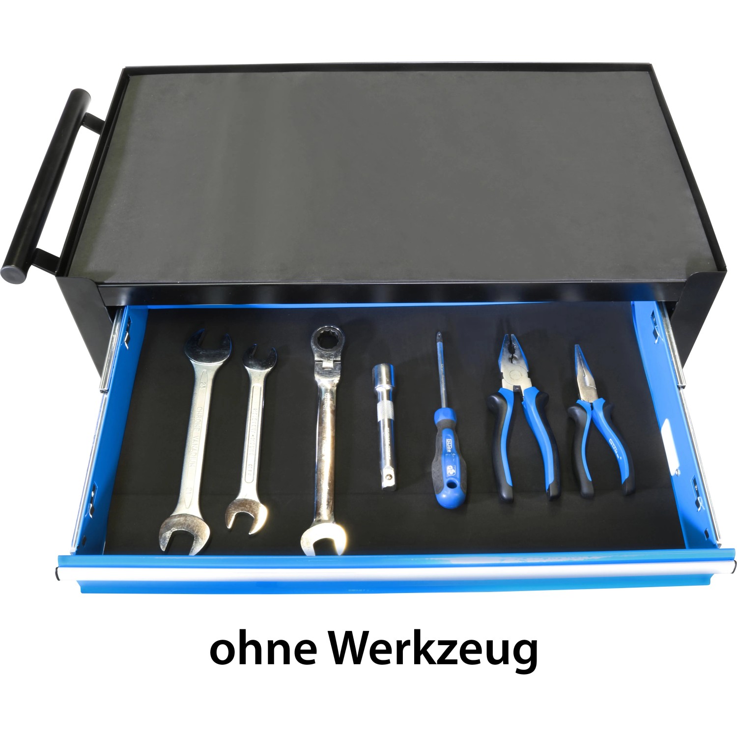 Güde Werkstattwagen GW 4.1 mit geöffneter Schublade, gefüllt mit Werkzeug.