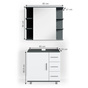 Vicco Badmöbel-Set Ilias, anthrazit/weiß, 2-teilig: Spiegelschrank und Waschbeckenunterschrank mit Maßangaben.