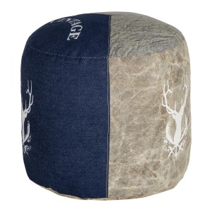 Handgefertigter WOMO-DESIGN Sitzpouf Jacksonville aus Segeltuch/Jeans in Natur/Blau mit Hirsch Motiv.