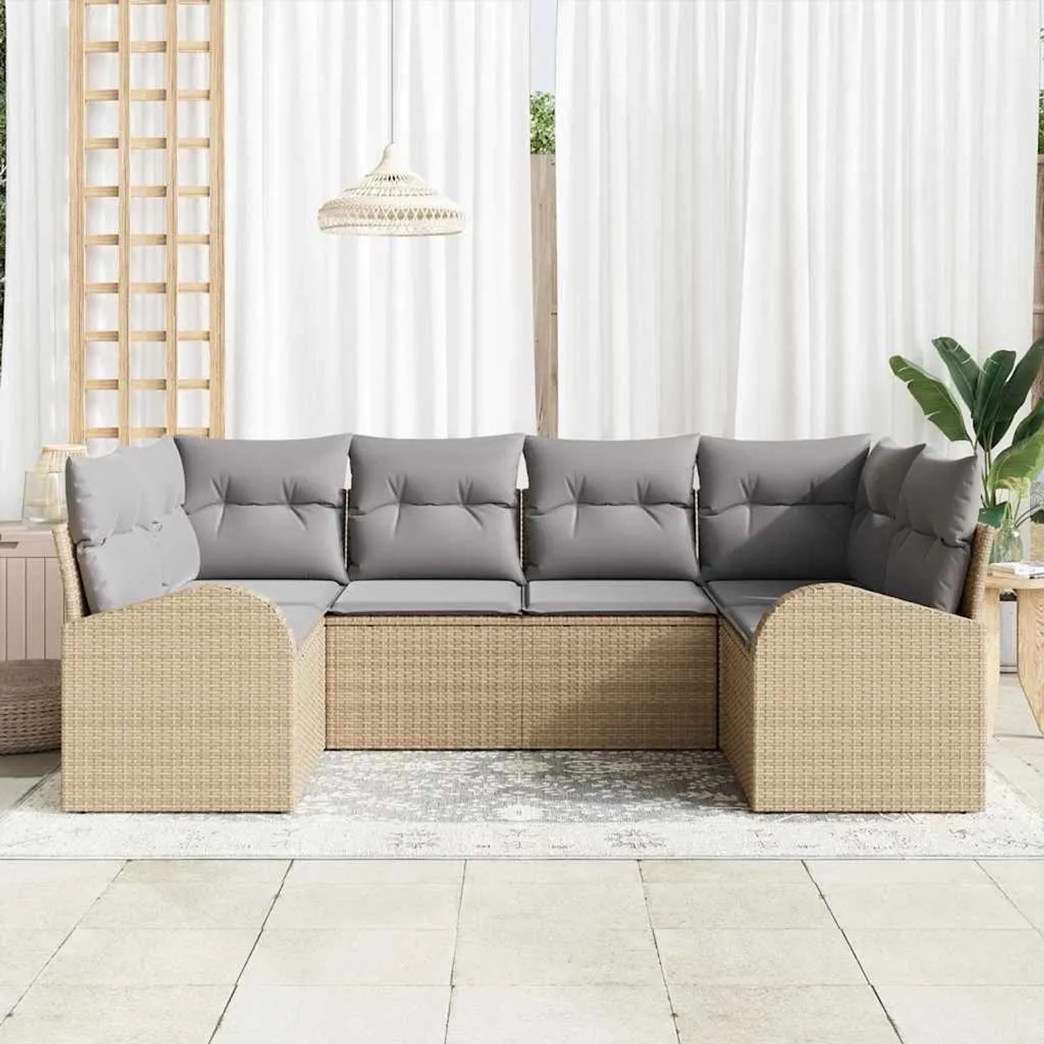 Beiges 6-teiliges vidaXL Garten-Sofa-Set aus Polyrattan mit grauen Kissen.