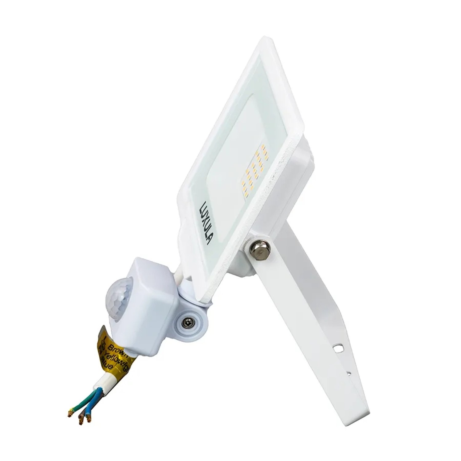 Weißer LUXULA LED Strahler 20W mit Bewegungsmelder, Seitenansicht.