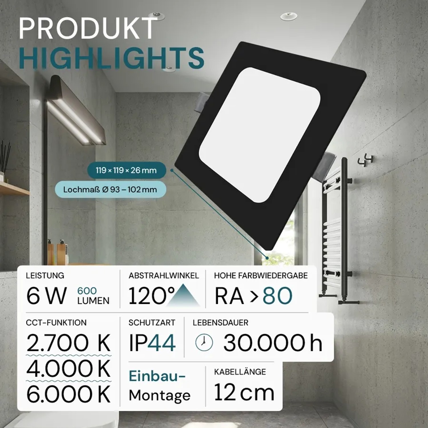 Eckiger, schwarzer LUXULA LED Einbaustrahler mit einstellbarer Lichtfarbe im modernen Badezimmer.