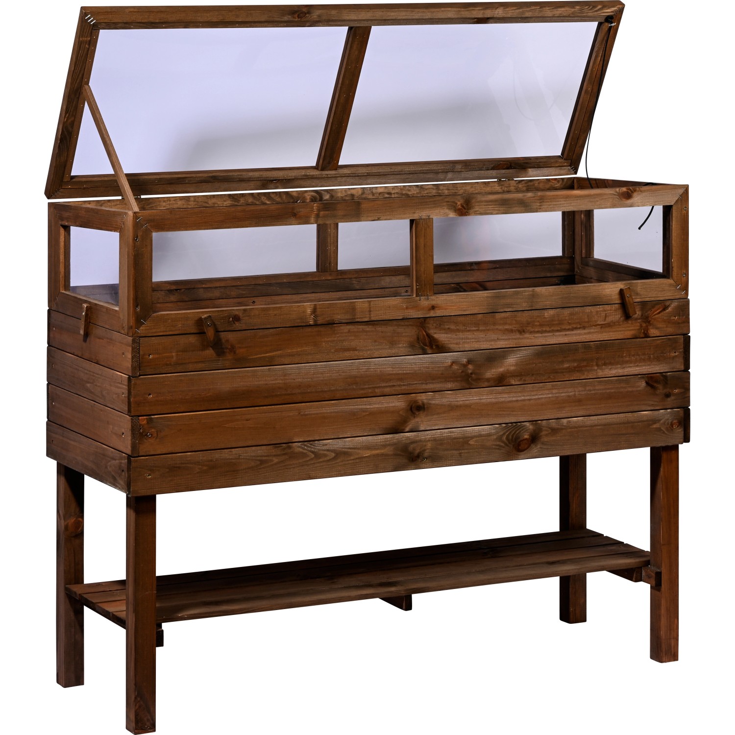 Dunkelbrauner Dobar Frühbeet-Aufsatz aus FSC®-Holz für Hochbeet, Deckel geöffnet.