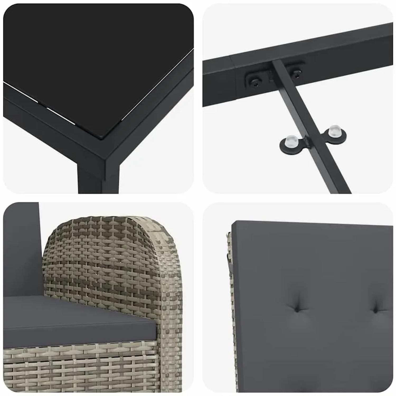 Detailansichten der grauen vidaXL Garten Essgruppe aus Polyrattan mit Tisch und Stuhl.