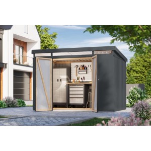 Karibu Metallgerätehaus Neos 3 Anthrazit mit geöffneten Türen und Werkzeug.