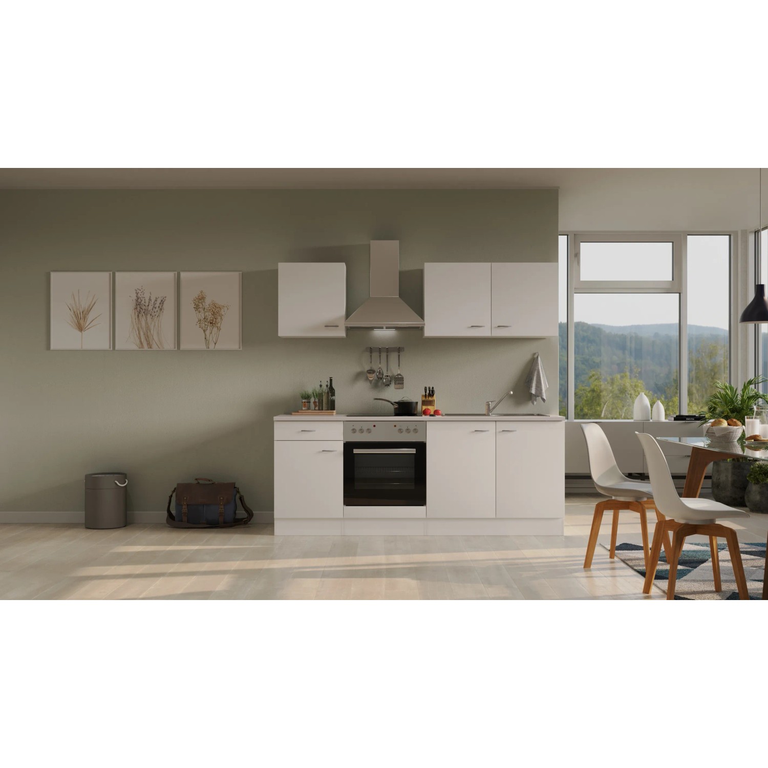 Weiße Flex-Well Classic Küchenzeile Wito 210 cm mit Einbaugeräten und Spüle.