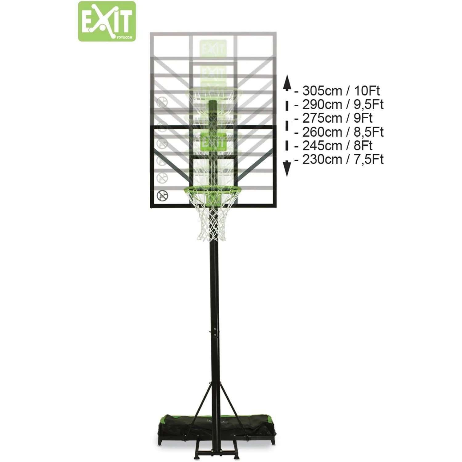 Verstellbarer, grün-schwarzer EXIT Comet Basketballkorb mit Höhenmarkierungen.