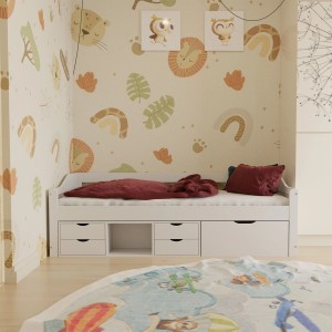 Weißes Juskys Kinder Funktionsbett Nalu 90x200 cm mit Matratze und Schubladen.