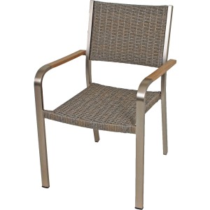 Stapelstuhl der Tischgruppe Florence: Polyrattan-Geflecht in Braun-Grau, Gestell champagnerfarben.