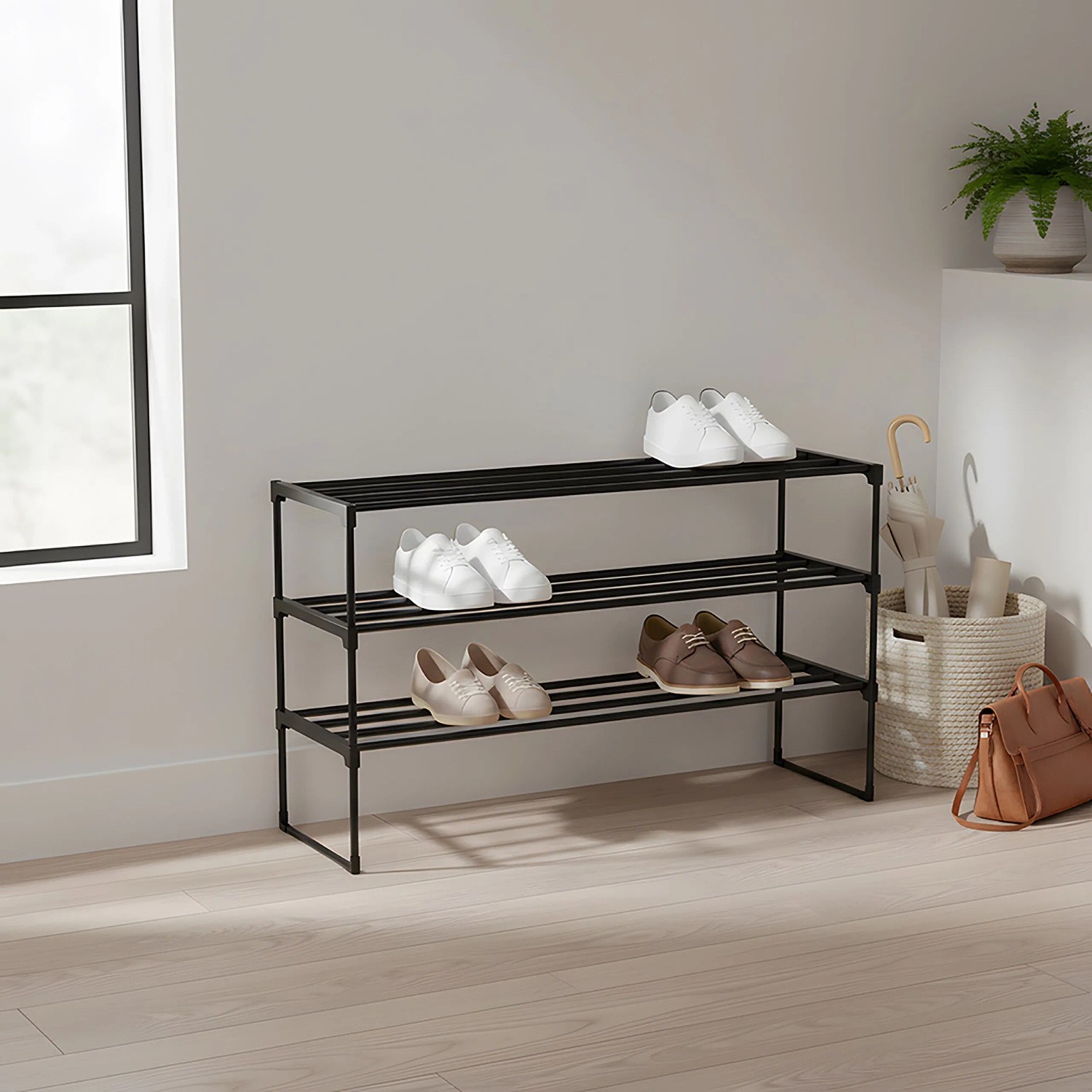 Relaxdays Schuhregal Metall Schwarz Stapelbar Stecksystem 3 Ebenen 55 cm x 92 cm x 30 cm_2