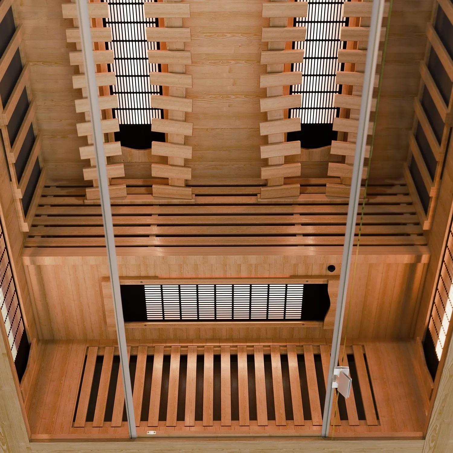 Innenansicht der Artsauna Infrarotkabine Kiruna130 Premium aus hellem Hemlock-Holz.