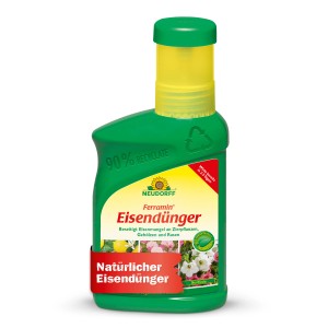 Neudorff Ferramin Eisendünger 250ml in grüner Flasche mit gelbem Deckel.