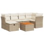 Beige 7-teilige Garten-Sofagarnitur aus Polyrattan mit Kissen und Tisch.