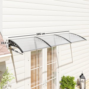 Outsunny Vordach 90x295 cm mit transparenten Polycarbonatplatten und schwarzem Rahmen über einer Tür. UV-Schutz.