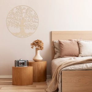 Wanddeko Baum des Lebens aus Holz (Pappel, 45x45 cm) als Wandbild im Schlafzimmer.