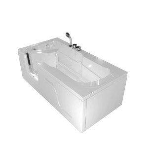 Weiße AquaVapore Seniorenwanne 75x150cm mit Tür und Handbrause. Rechteck-Badewanne für altersgerechtes Baden.