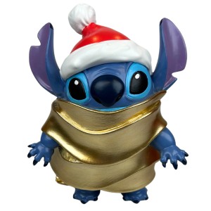 Disney Deko-Figur Stitch (21 cm) mit Weihnachtsmütze und goldenem Umhang als festliche Weihnachtsdekoration.